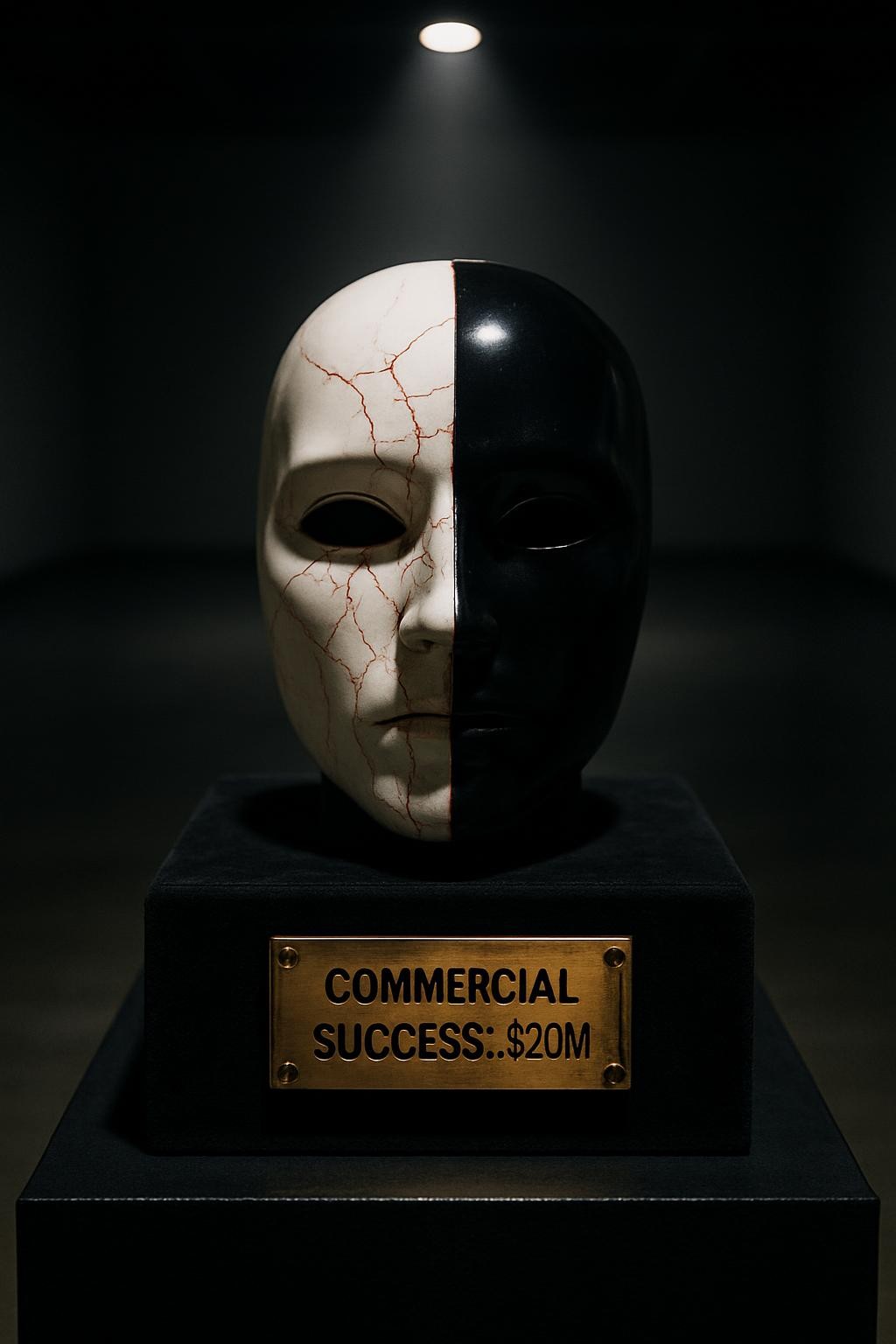 A cracked porcelain carnival mask painted in high-gloss white and obsidian black sits atop a velvet-lined pedestal, one side pristine and polished, the other side spiderwebbed with fractures bleeding faint streaks of rust-red. At the base of the mask lies a small brass plaque engraved with the words “Commercial Success: $20M” that is tarnished and slightly tilted. The pedestal stands in an otherwise empty, darkened gallery with glossy concrete floors. A single overhead spotlight casts a sharp, cinematic beam, creating a dramatic halo around the mask and deep, elongated shadows. Captured at eye level with a tight, centered composition and shallow depth of field, the atmosphere is tense and eerie, blending museum austerity with a cursed-object horror aesthetic in photorealistic detail.